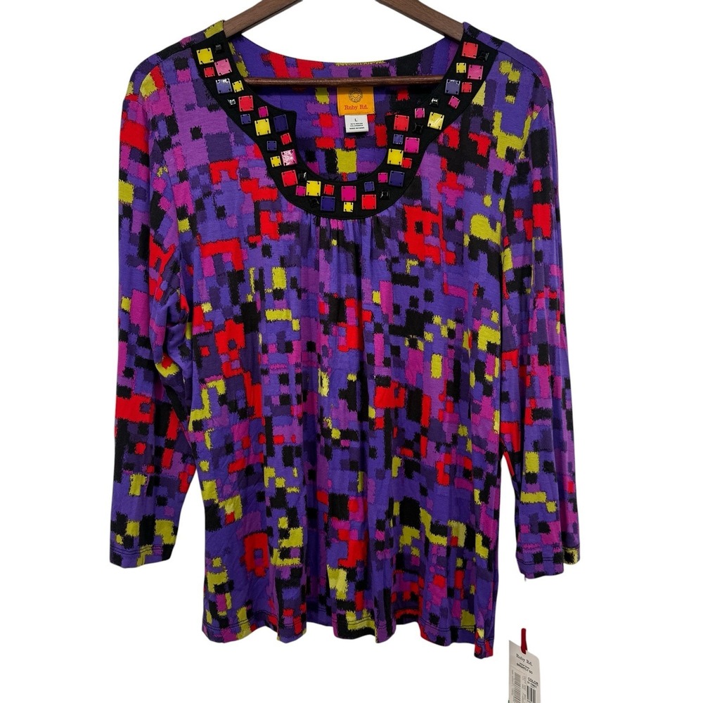 Ruby Rd Womens Large Tunic Top NWT Embellished Abstract Print‎ Purple Stretch